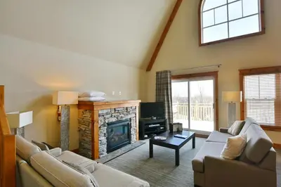 a living room with two couches and a fireplace at The Blue Escape Blue Mountain Chalet in Blue Mountains