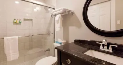 a bathroom with a sink and a toilet and a mirror at Idlewyld Inn & Spa in London