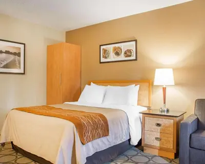 a hotel room with a bed and a chair at Comfort Inn in Brantford