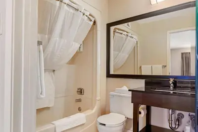 a bathroom with a toilet and a sink and a mirror at Comfort Inn in Brantford