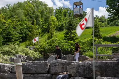 a man and a woman standing on a rock wall at Blue Mountain Resort Home Collection in Blue Mountains