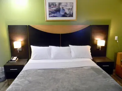 a bedroom with a large bed with two night stands at American Plaza Motel in London