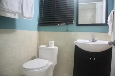 a bathroom with a white toilet and a sink at American Plaza Motel in London
