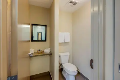 a bathroom with a white toilet and a mirror at Best Western Plus Walkerton Hotel & Conference Centre in Walkerton