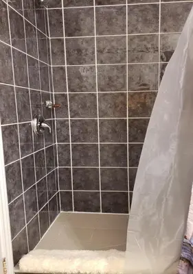 a shower with black tiles and a shower curtain at Campbellford Studio Apt 4 in Campbellford