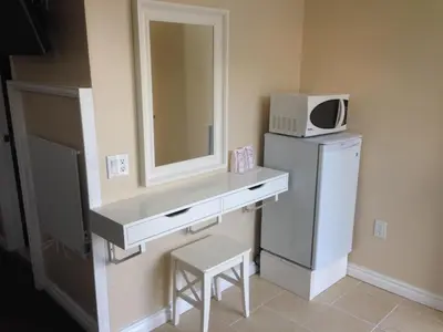 a bathroom with a sink and a microwave and a refrigerator at Davidson Motel in Paris