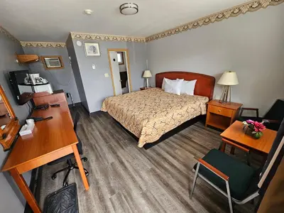 a hotel room with a bed and a desk at Forest Plaza Motel in Mount Forest