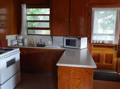 a kitchen with a counter top with a microwave at Sunrise Resort in Buckhorn