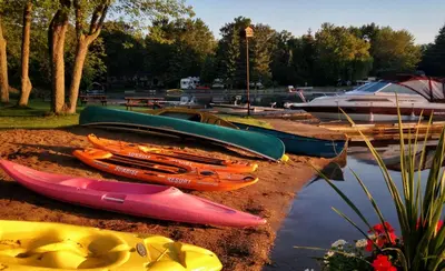 a bunch of kayaks are lined up on the water at Sunrise Resort in Buckhorn