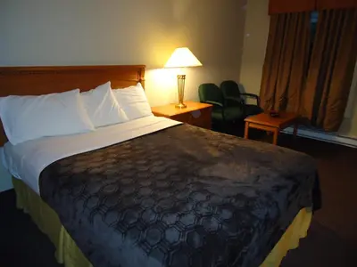 a hotel room with a bed with a lamp and a chair at Westmount Motel in Woodstock