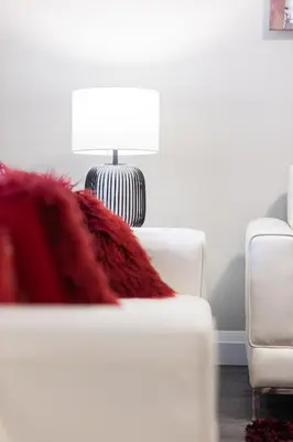 a white couch with a red blanket and a lamp at ENTIRE 2 BEDROOM APARTMENT UPTOWN WATERLOO - e1 in Waterloo