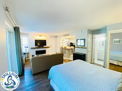 a bedroom with a bed and a living room at Slopeside Blue Mountain Condo - Wifi, Linens/Towels, Ski In/Out in Blue Mountains