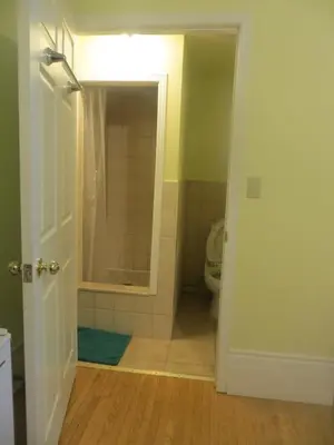 a bathroom with a shower and a toilet in it at Keppner Guesthouse in Toronto