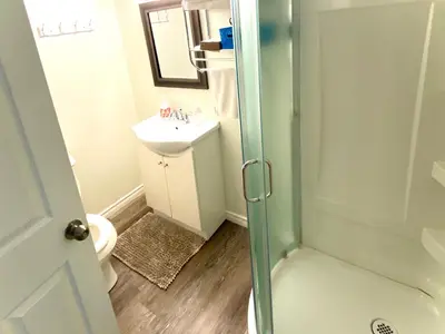 a bathroom with a sink and a toilet and a shower at Metropolitan Suite in Niagara Falls