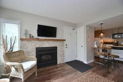a living room with a fireplace with a tv above it at #Ski-in/Ski-out Cozy Studio at North Creek Resort in Blue Mountains