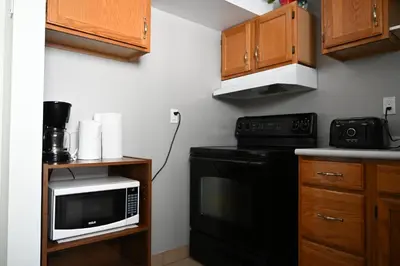 a kitchen with a black stove and a microwave at Oasis Suite in Niagara Falls