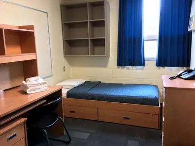 a small room with a bed and a desk and a desk at Toronto Metropolitan University- Pitman Hall Residence in Toronto