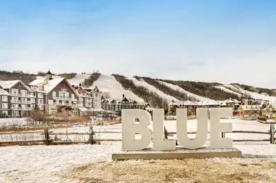 a sign in the snow in front of a village at Lucille 109 in Blue Mountains