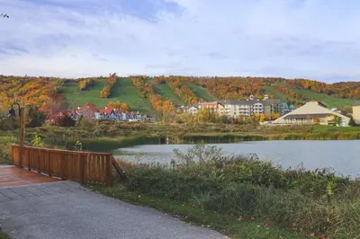 a river with a wooden fence next to a town at Wintergreen 218 in Blue Mountains
