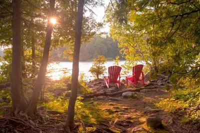 two red chairs sitting on the shore of a lake at Condo 110 at North Creek Resort in Blue Mountains