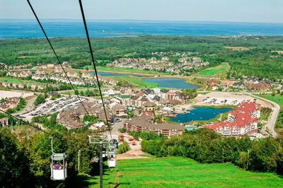a gondola ride over a town and a lake at Wintergreen 202 in Blue Mountains