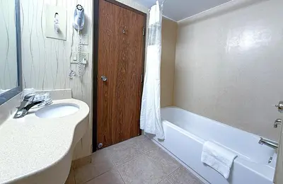 a bathroom with a sink and a tub and a toilet at Howard Johnson Plaza by Wyndham by the Falls Niagara Falls in Niagara Falls
