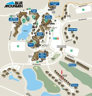 a map of the blue mountain resort at Large luxurious upper floor condo in Sierra Lane in Blue Mountains