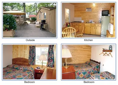 four pictures of a room with a kitchen and a bedroom at Saga Resort in Wasaga Beach