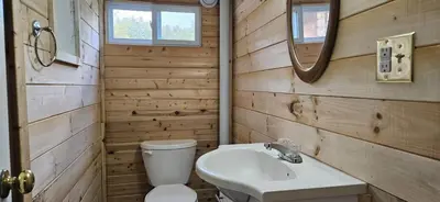 a bathroom with a toilet and a sink and a mirror at Trent River Cottages in Hastings