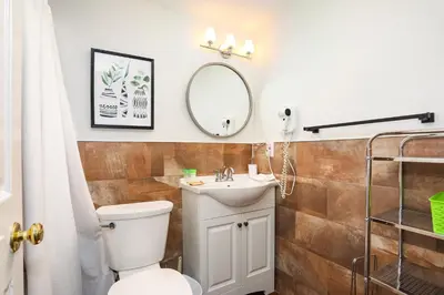 a bathroom with a toilet and a sink and a mirror at Blue Mountain, 3 BR - 108 Mountain Walk Chalet in Blue Mountains