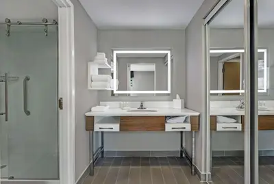 a bathroom with a sink and a shower at Hampton Inn & Suites Belleville in Belleville