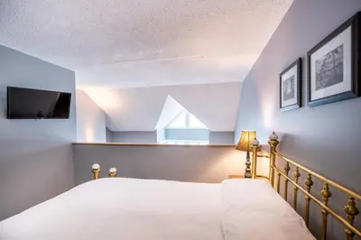 a bedroom with a bed and a tv on the wall at Blue Mountain Slopeside Chalet in Chateau Ridge in Blue Mountains