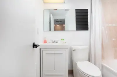 a bathroom with a toilet and a sink and a mirror at Ski In Out 1 BR, Sleeps 6 Cachet Crossing in Blue Mountains