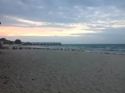 a view of a beach with a pier in the distance at Sandy Cove Cottage in Crystal Beach