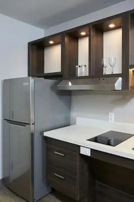 a kitchen with a stainless steel refrigerator and wooden cabinets at TownePlace Suites by Marriott Hamilton in Hamilton