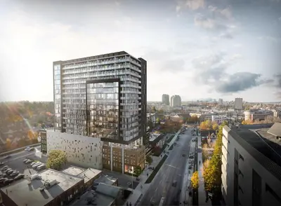 a rendering of a tall building on a city street at The Laundry Rooms - Waterloo in Waterloo