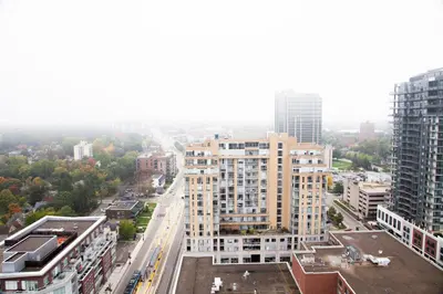 an aerial view of a city with tall buildings at The Laundry Rooms - Waterloo in Waterloo