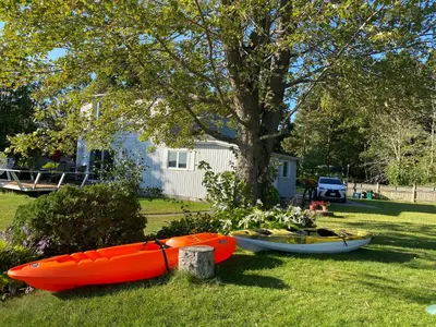 two boats sitting on the grass next to a tree at Entire waterfront cottage in carrying place in Carrying Place