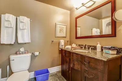 a bathroom with a toilet and a sink and a mirror at School House Bed and Breakfast C.1859 in Niagara on the Lake
