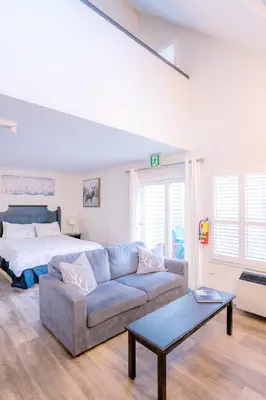 a living room with a couch and a bed at Loft with a view of Blue - Free Wifi, Linens and Towels Included in Blue Mountains