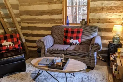 a living room with a chair and a table at A rustic cabin in the woods in Orangeville
