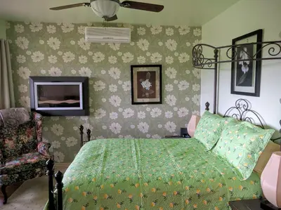 a bedroom with a green bed with flowers on the wall at Our Valley View Bed & Breakfast in Hampton
