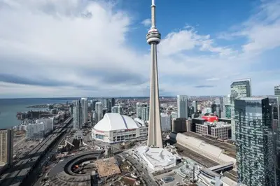 a view of a city with the cn tower at Two BD CN Tower and Lake Ontario View in Toronto