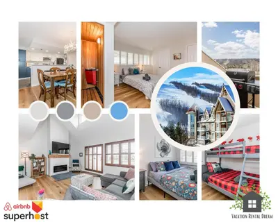 a collage of photos of a living room and dining room at Stunning Townhouse - 3 BDRM Blue Mountain Village Sauna! in Blue Mountains