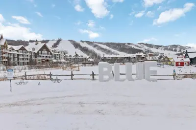 a resort in the snow with the word blue at Wintergreen Retreat with Private Sauna & Patio 82291 in Blue Mountains