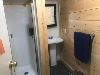 a bathroom with a sink and a shower and a toilet at Earthquest Lodge in Port Burwell