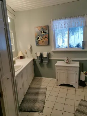 a white bathroom with a sink and a window at Stouffermill Bed & Breakfast in Algonquin Highlands