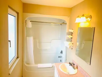 a bathroom with a shower and a sink at Toronto Lakeshore Hotel in Mississauga