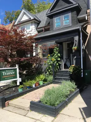 a house with a sign in front of it at Love-nest With Private Hot Tub in Toronto