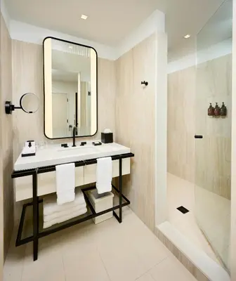 a bathroom with a sink and a mirror and a shower at The Pearle Hotel & Spa, Autograph Collection in Burlington